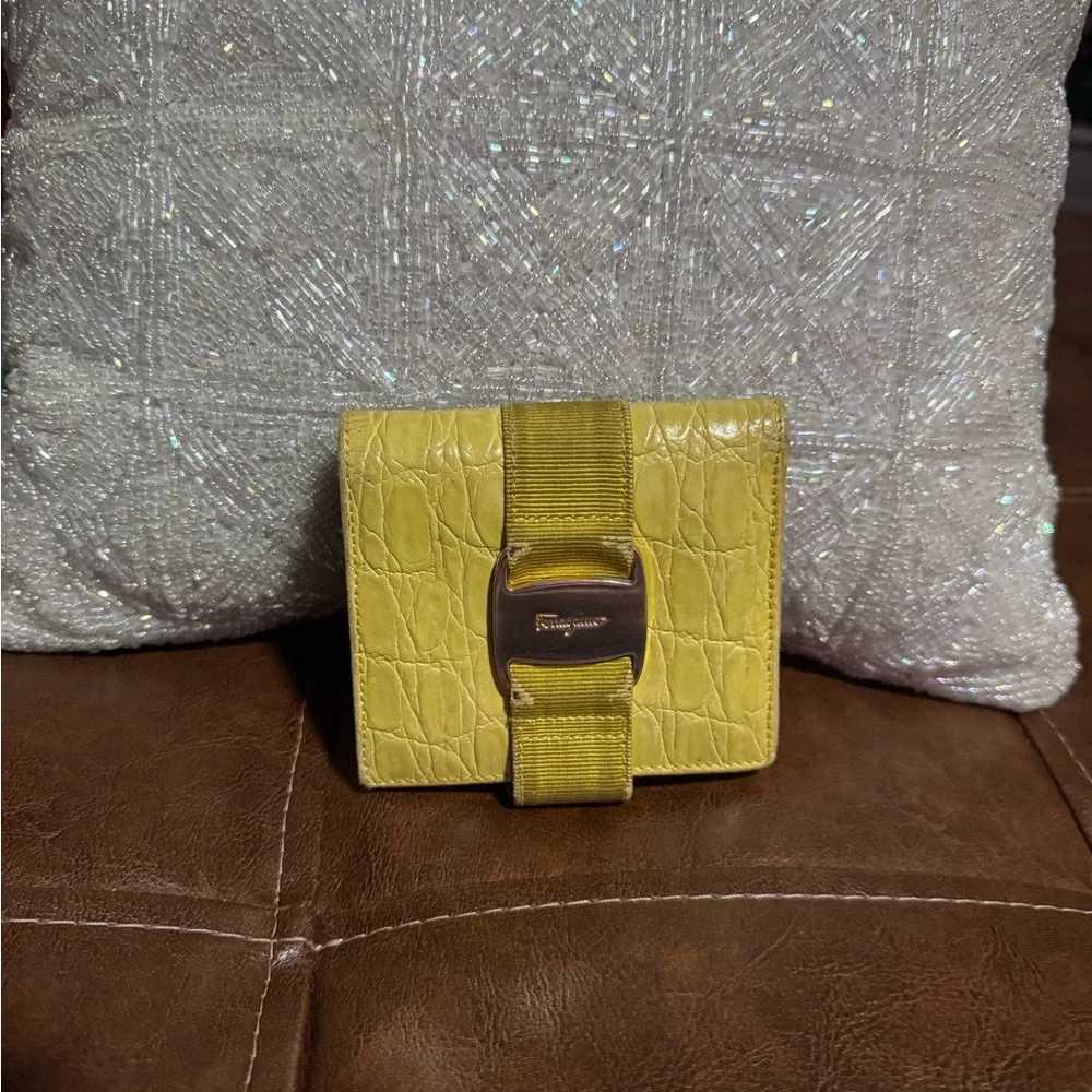 Salvatore Ferragamo Vintage yellow croc embossed leather bifold wallet